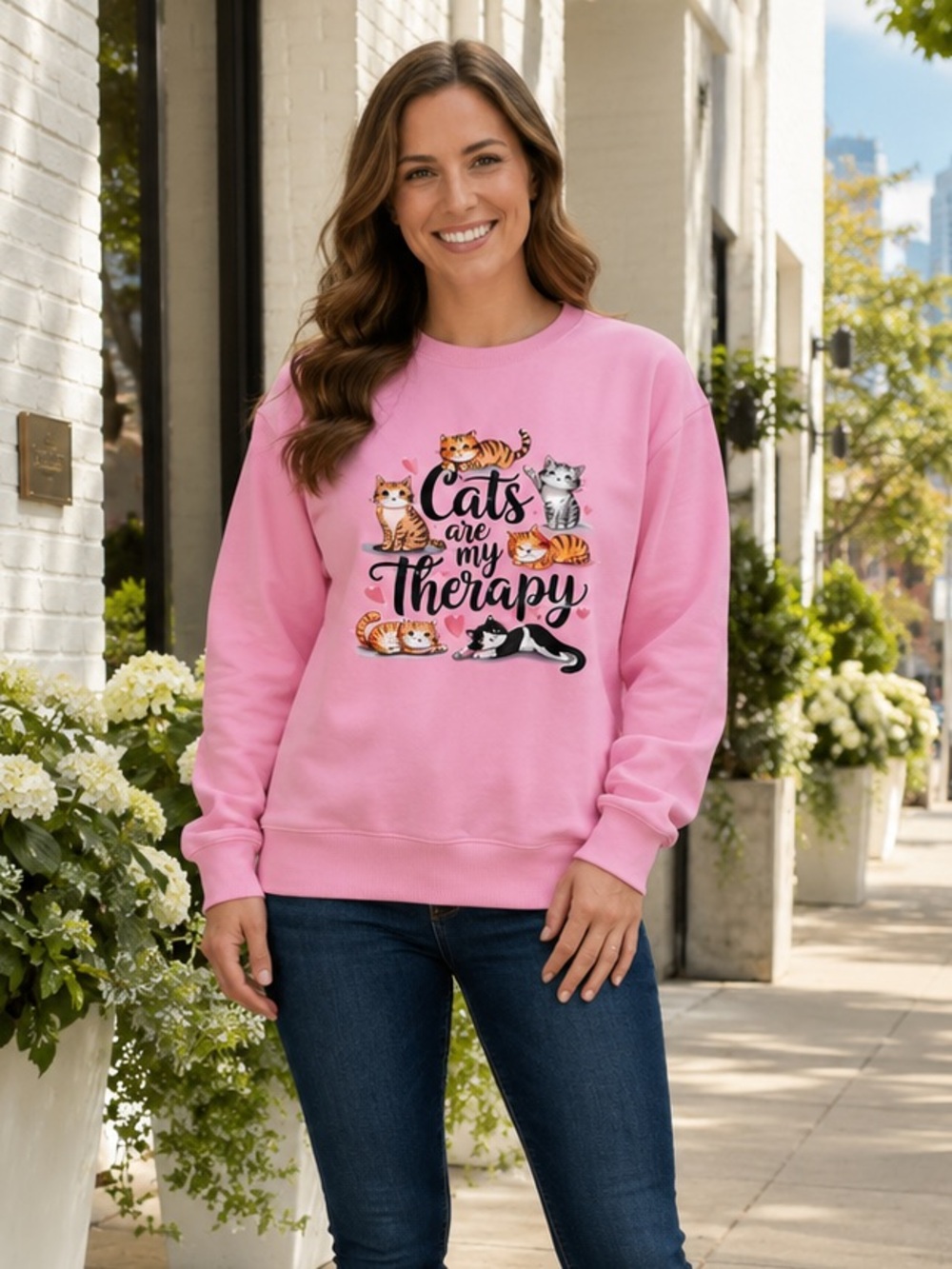NEW Cats Are My Therapy Hearts Light Pink Sweatshirt Barbiecore Calico Tabby
